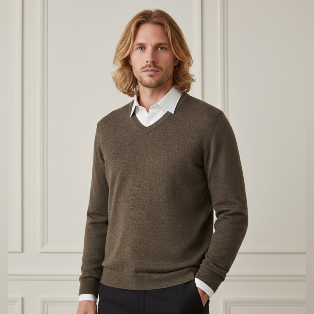 Club Room men’s XL brown v-neck merino wool sweater preppy luxury